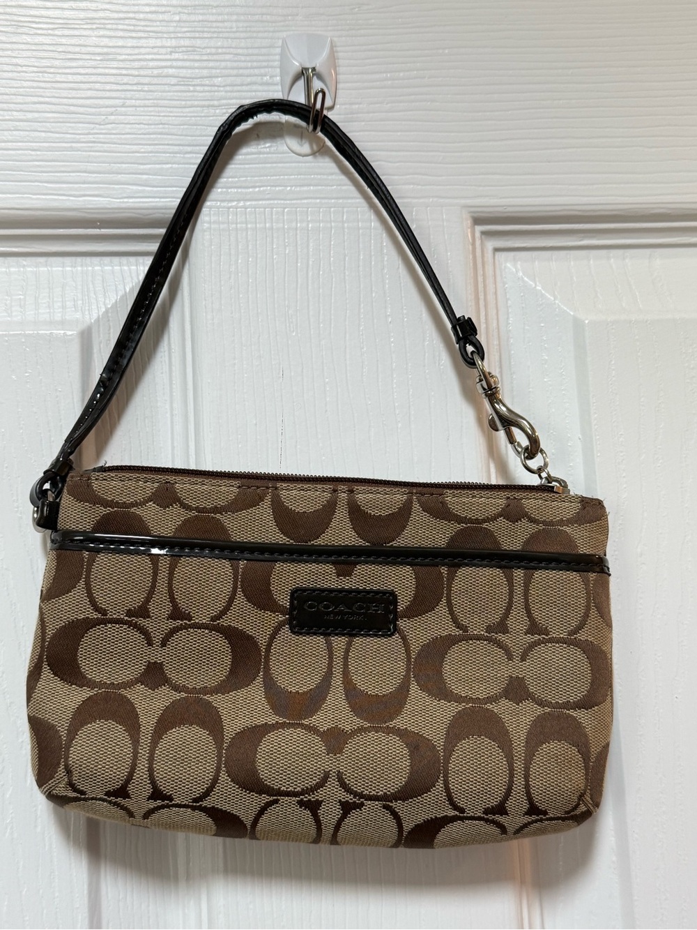 Coach Brown Signature Canvas Clutch Wristlet with Black Trim